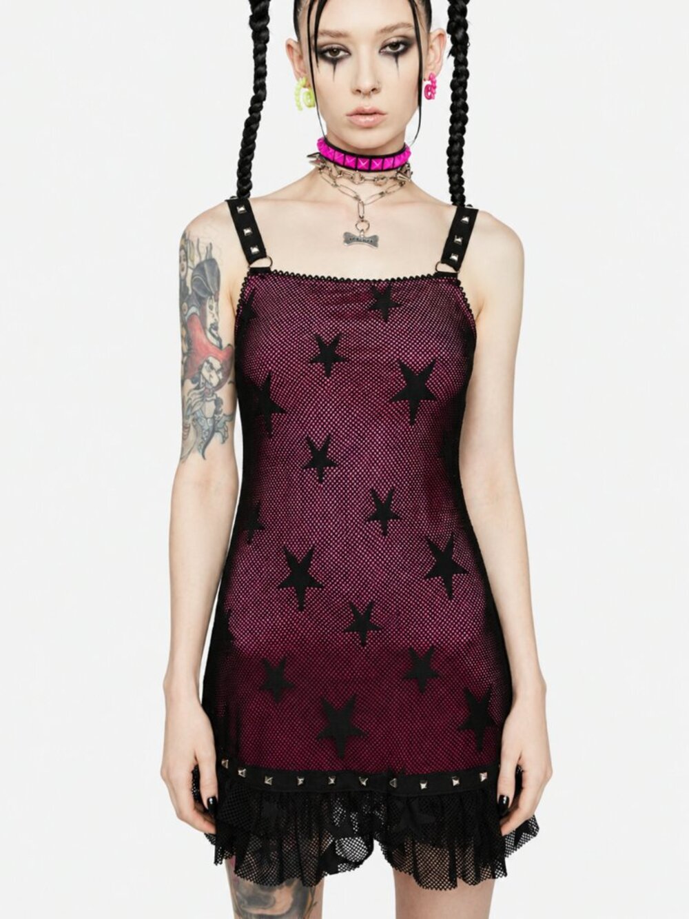 CURRENT MOOD Doll's Kill Black Star Fishnet Stud Mini Dress sz M